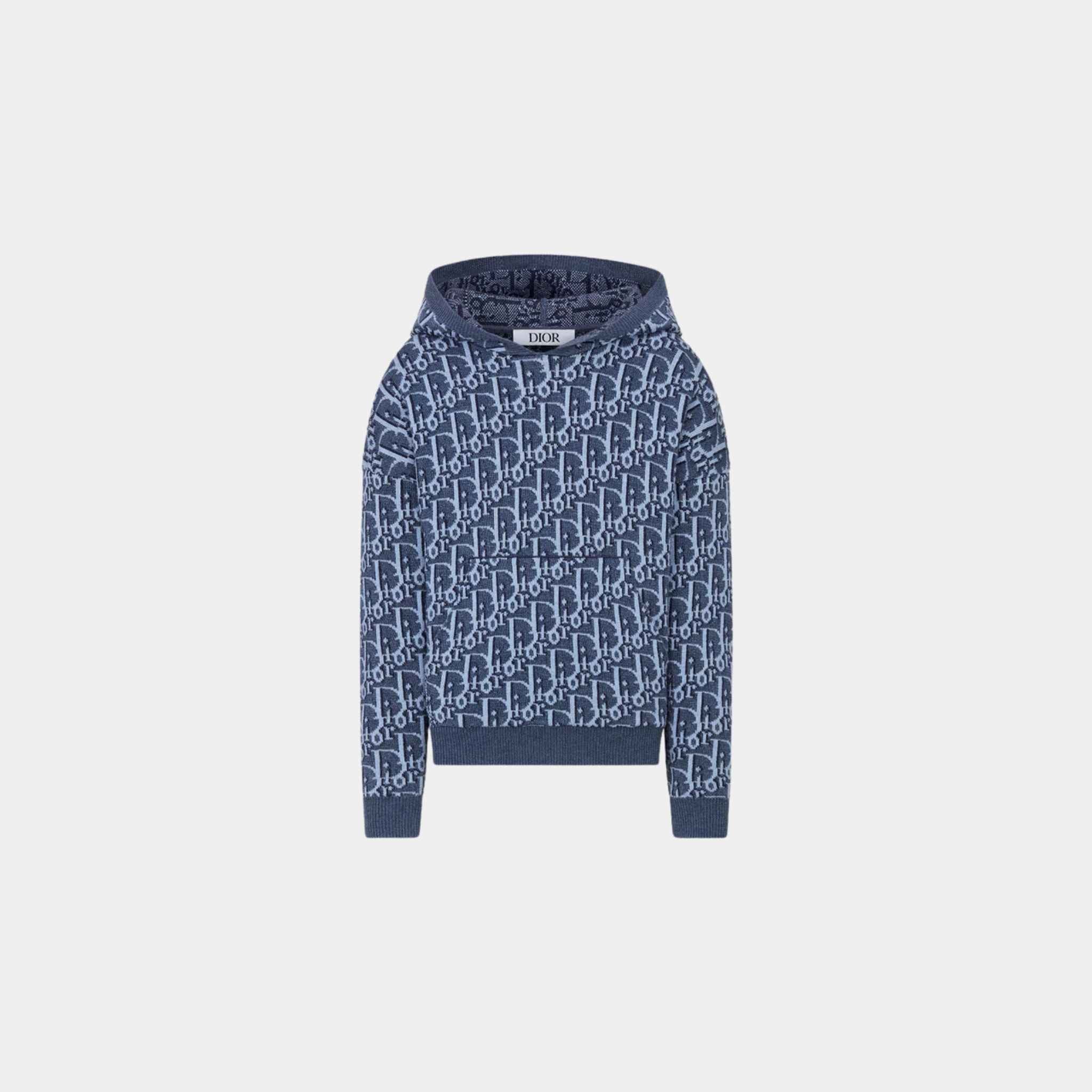 Kids Hoodie Blue Dior Oblique Cotton Hemp Knit Jacquard