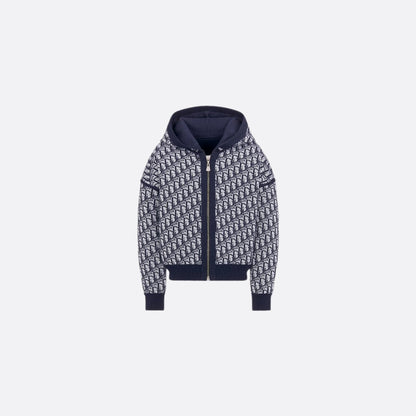 Kids Reversible Navy Blue Wool Knit Zipped Cardigan with Hood