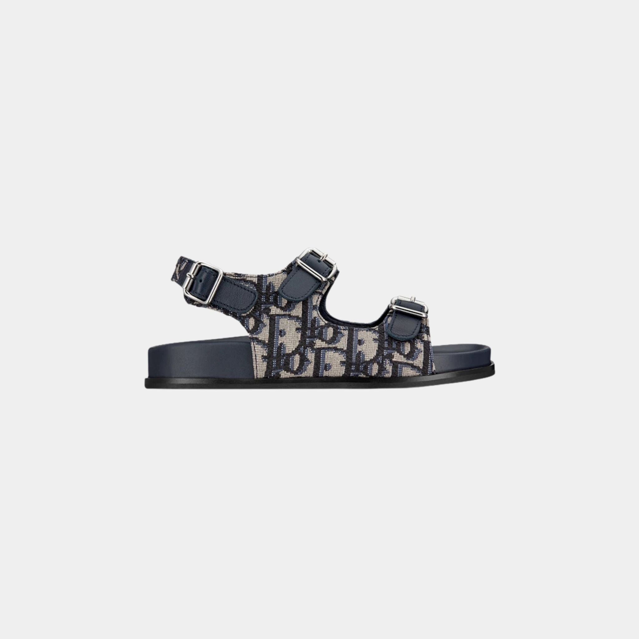 Kids Sandal in Blue Calfskin &amp; Black Beige Oblique Fabric