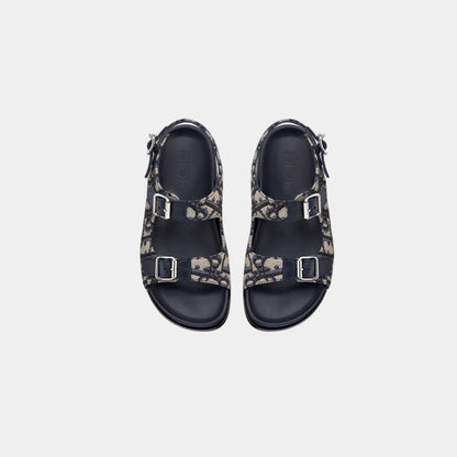 Kids Sandal in Blue Calfskin &amp; Black Beige Oblique Fabric