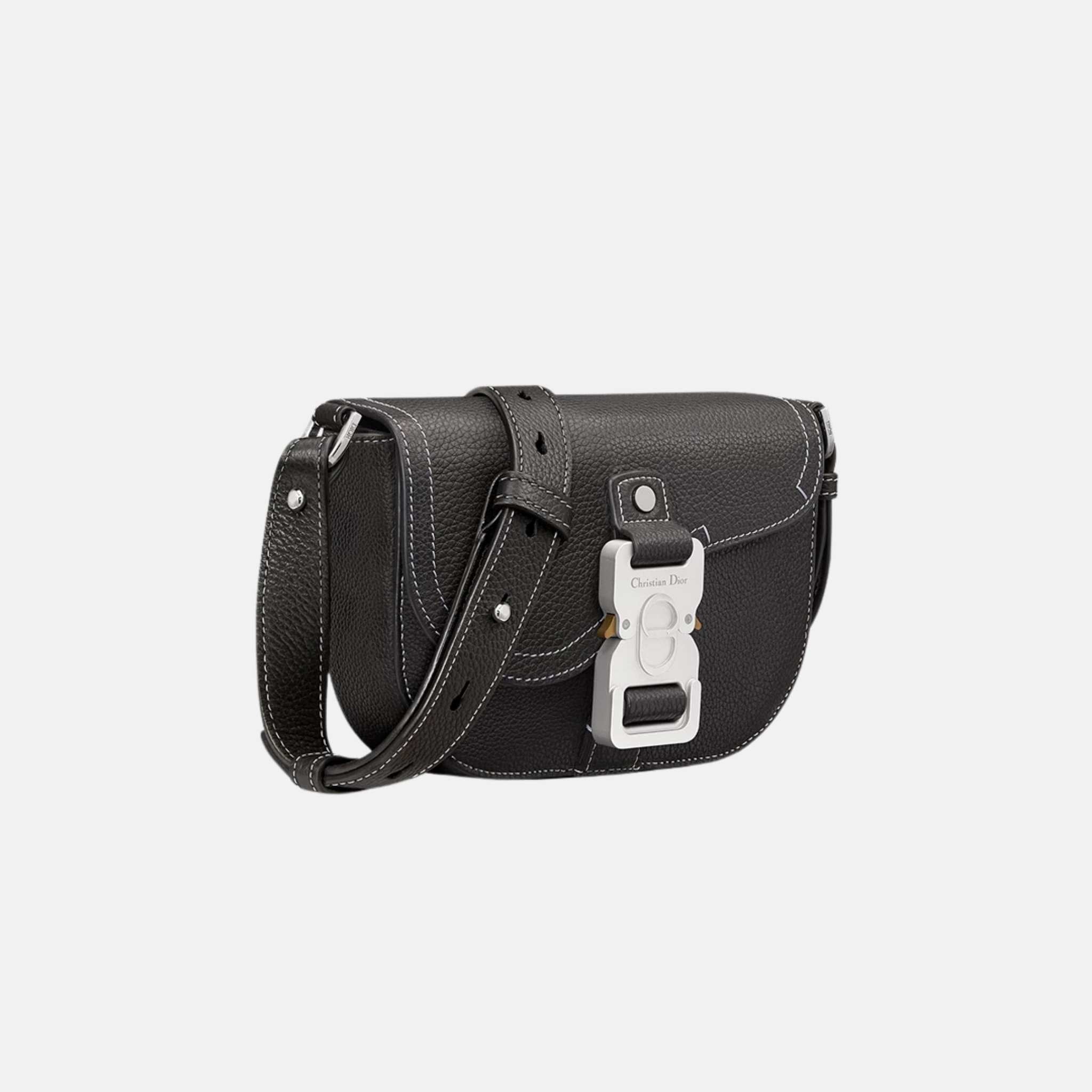 Mini Saddle Messenger Bag With Flap In Black Grained Calfskin