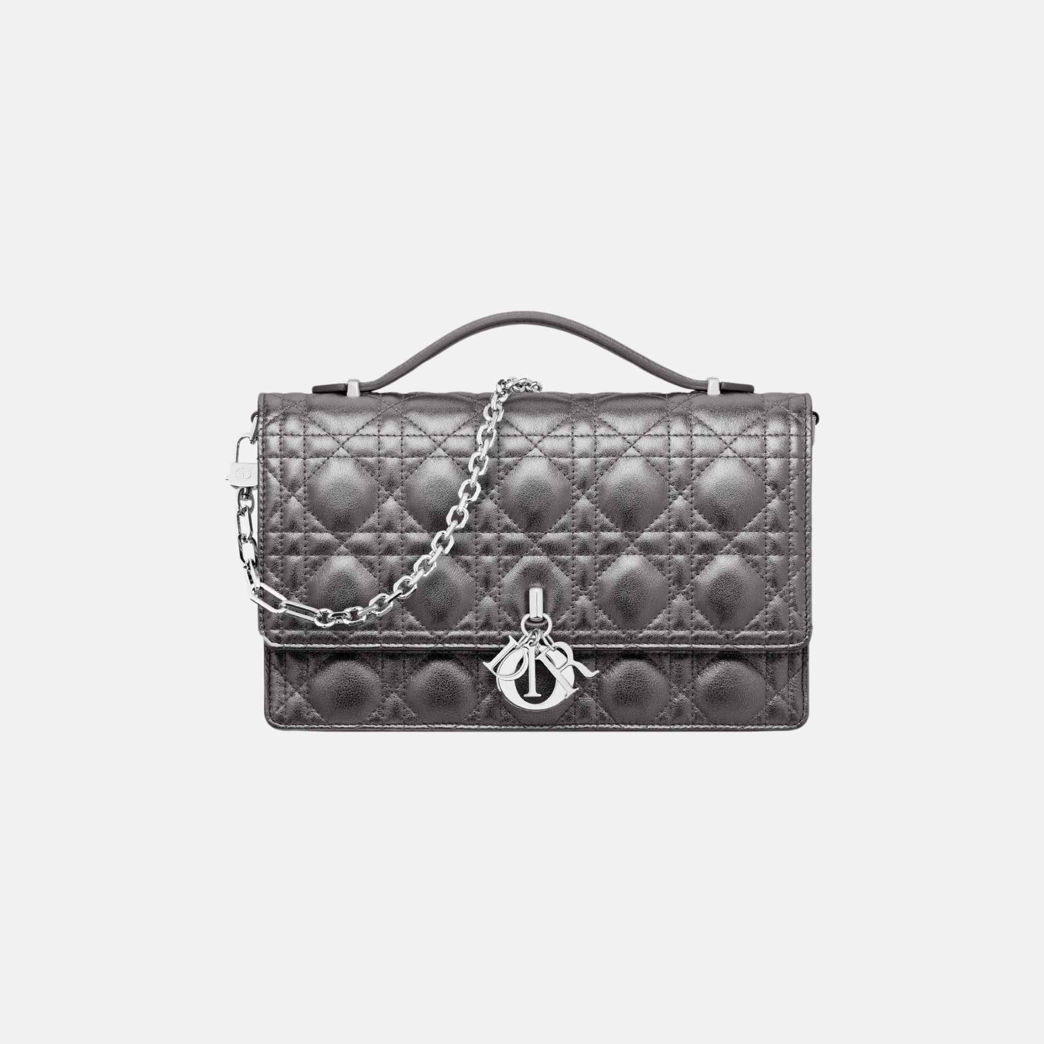 My Dior Top Handle Bag In Metallic Silver Cannage Calfskin