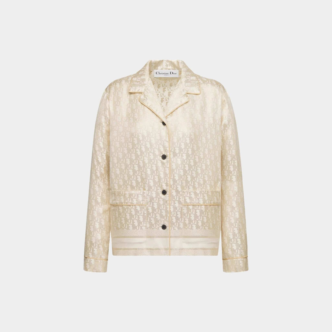 Or Shirt in White and Gold Silk Twill with Oblique Motif
