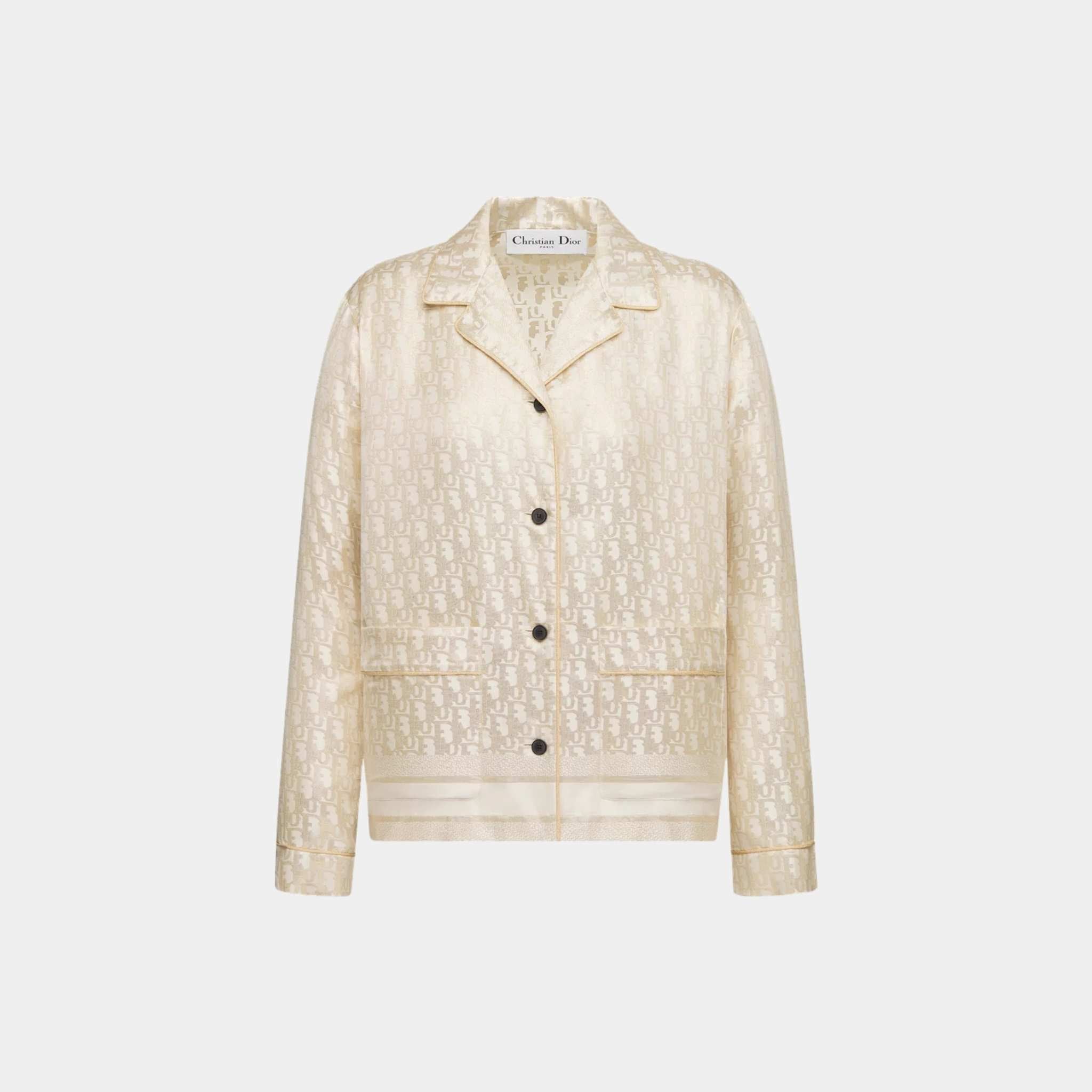 Or Shirt in White and Gold Silk Twill with Oblique Motif