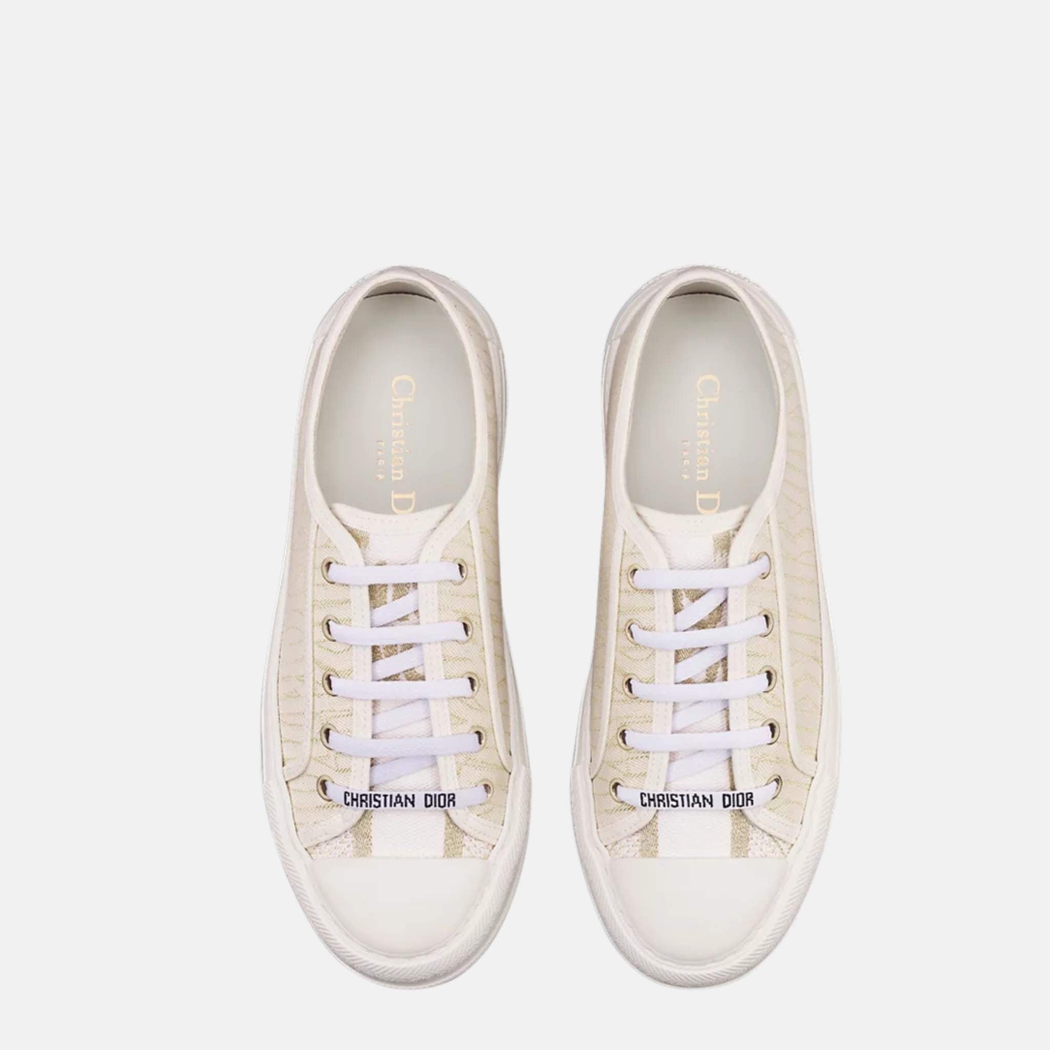 Or Walk n Dior Platform Sneaker In White Canvas and Gold Print