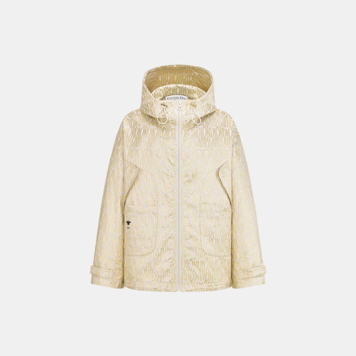 Or Waterproof Hooded Jacket White Technical Taffeta Jacquard with Gold-Tone Miss Dior Allover Motif