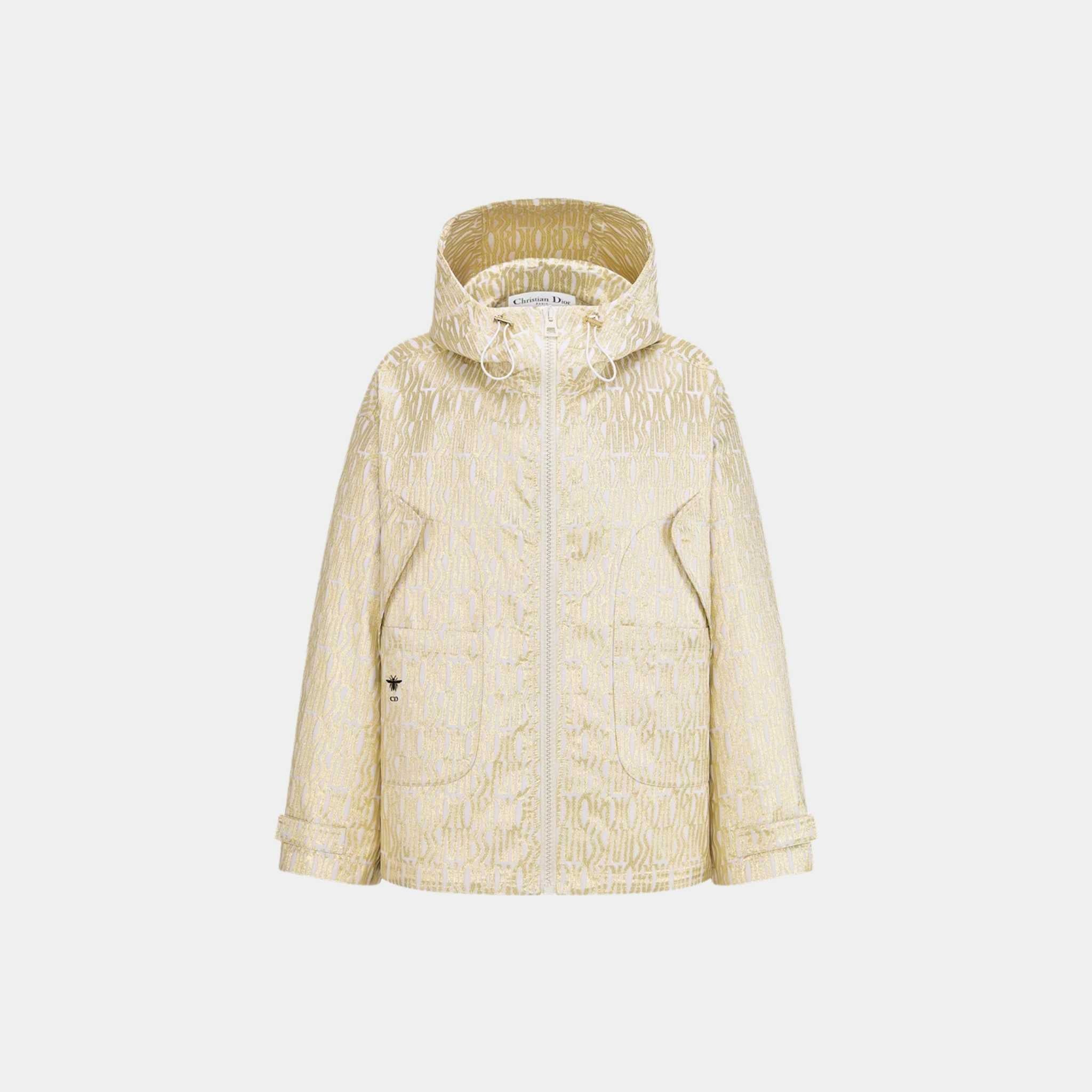 Or Waterproof Hooded Jacket White Technical Taffeta Jacquard with Gold-Tone Miss Dior Allover Motif