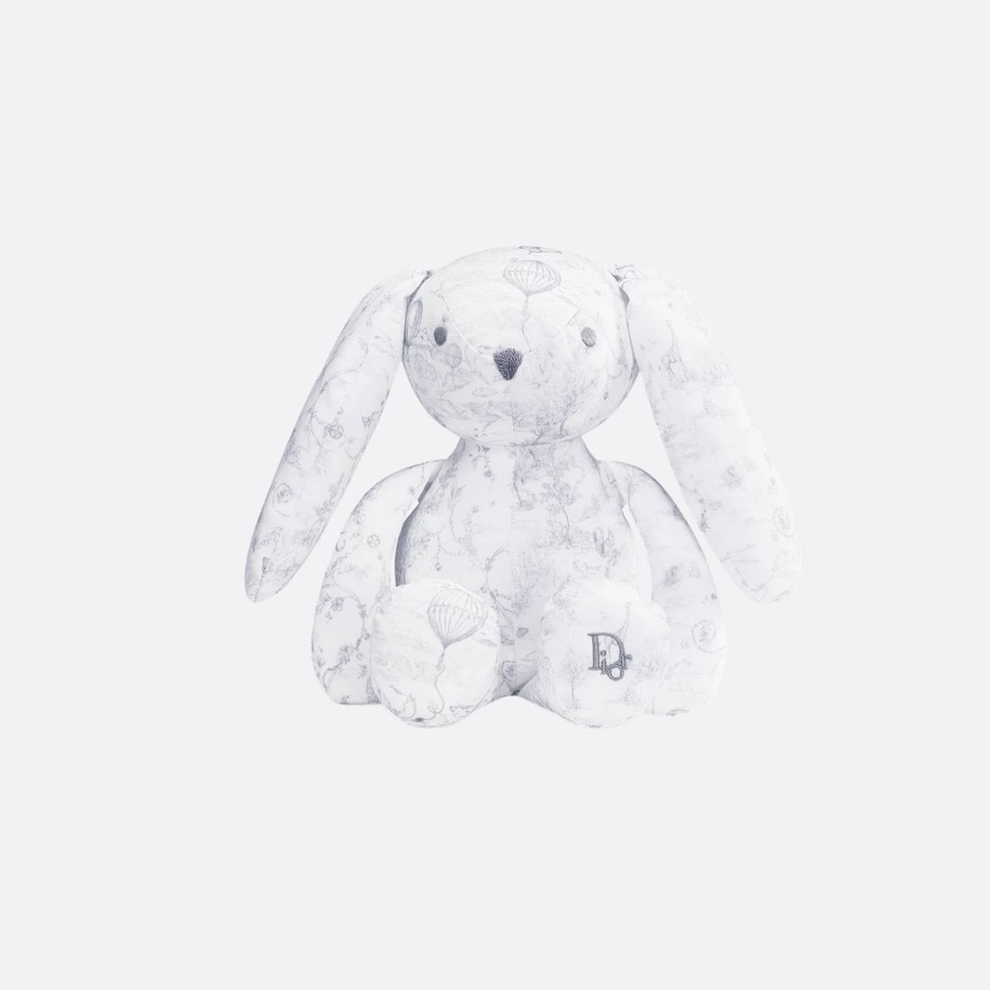 Rabbit Stuffed Toy White Cotton Satin with Toile de Jouy Print