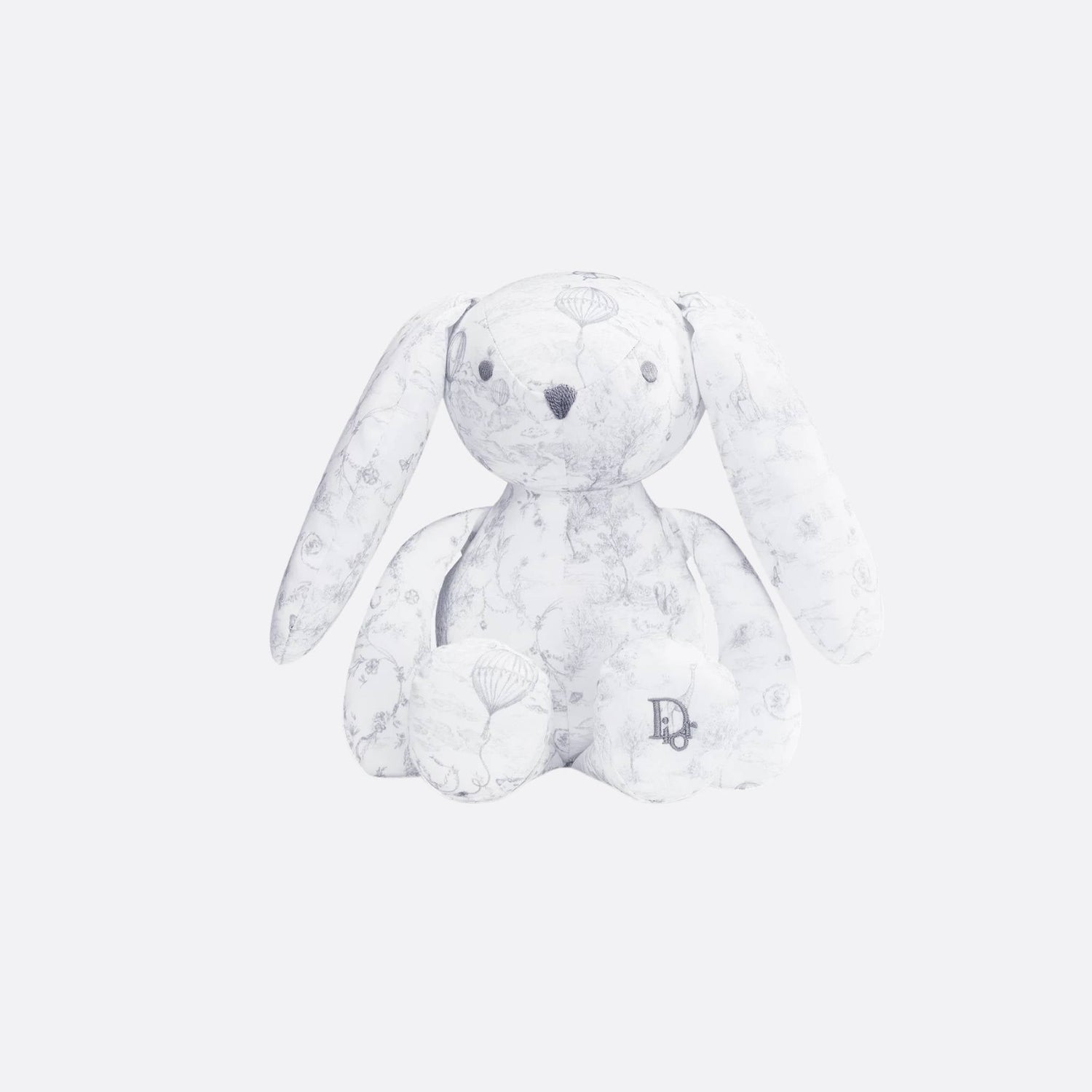 Rabbit Stuffed Toy White Cotton Satin with Toile de Jouy Print
