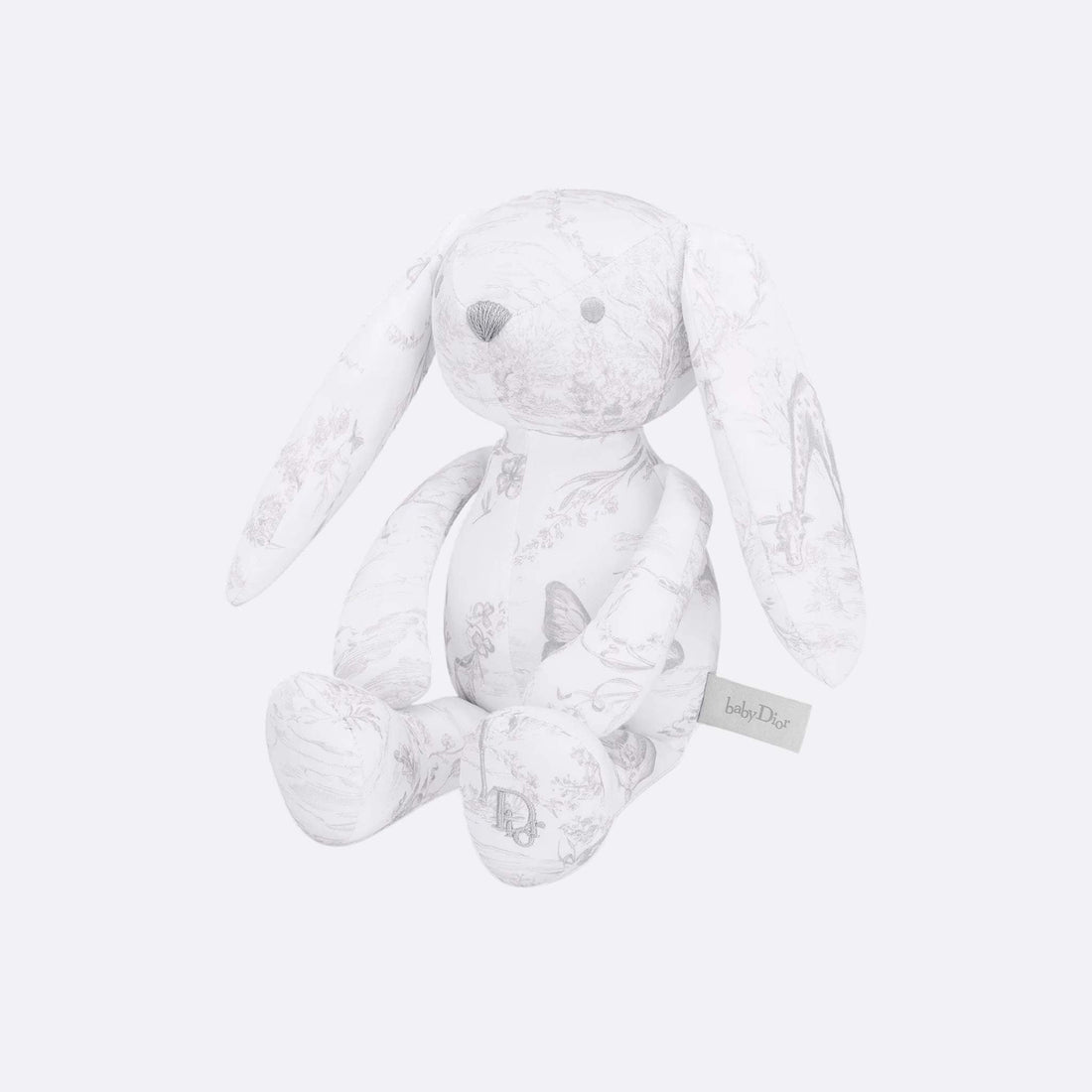 Rabbit Stuffed Toy White Cotton Satin with Toile de Jouy Print