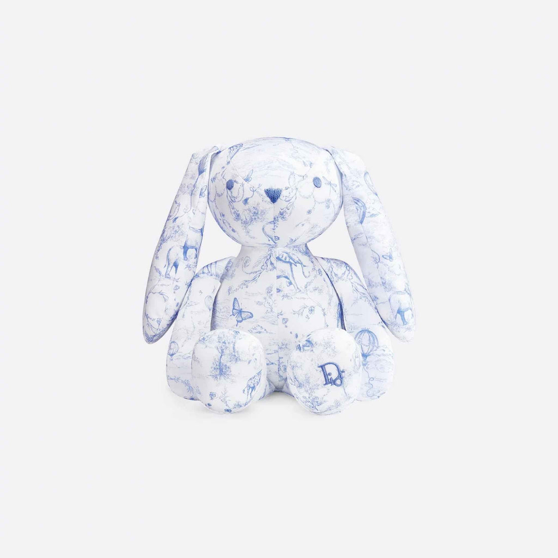 Rabbit Stuffed Toy White Cotton Satin with Toile de Jouy Print
