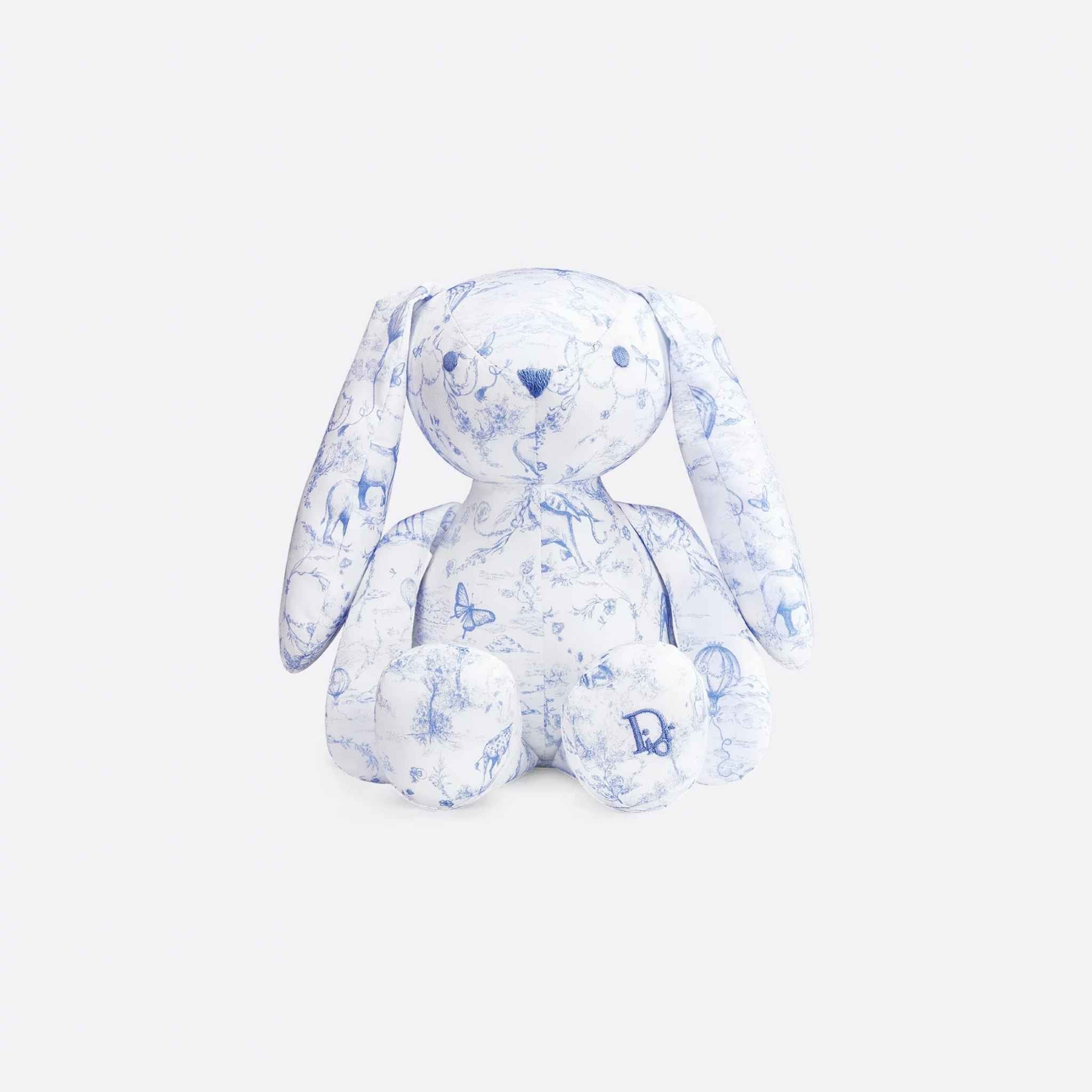 Rabbit Stuffed Toy White Cotton Satin with Toile de Jouy Print