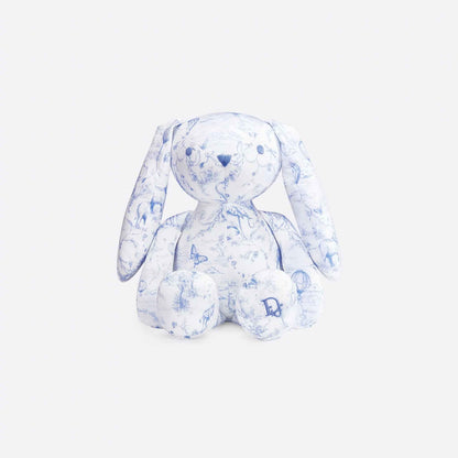 Rabbit Stuffed Toy White Cotton Satin with Toile de Jouy Print