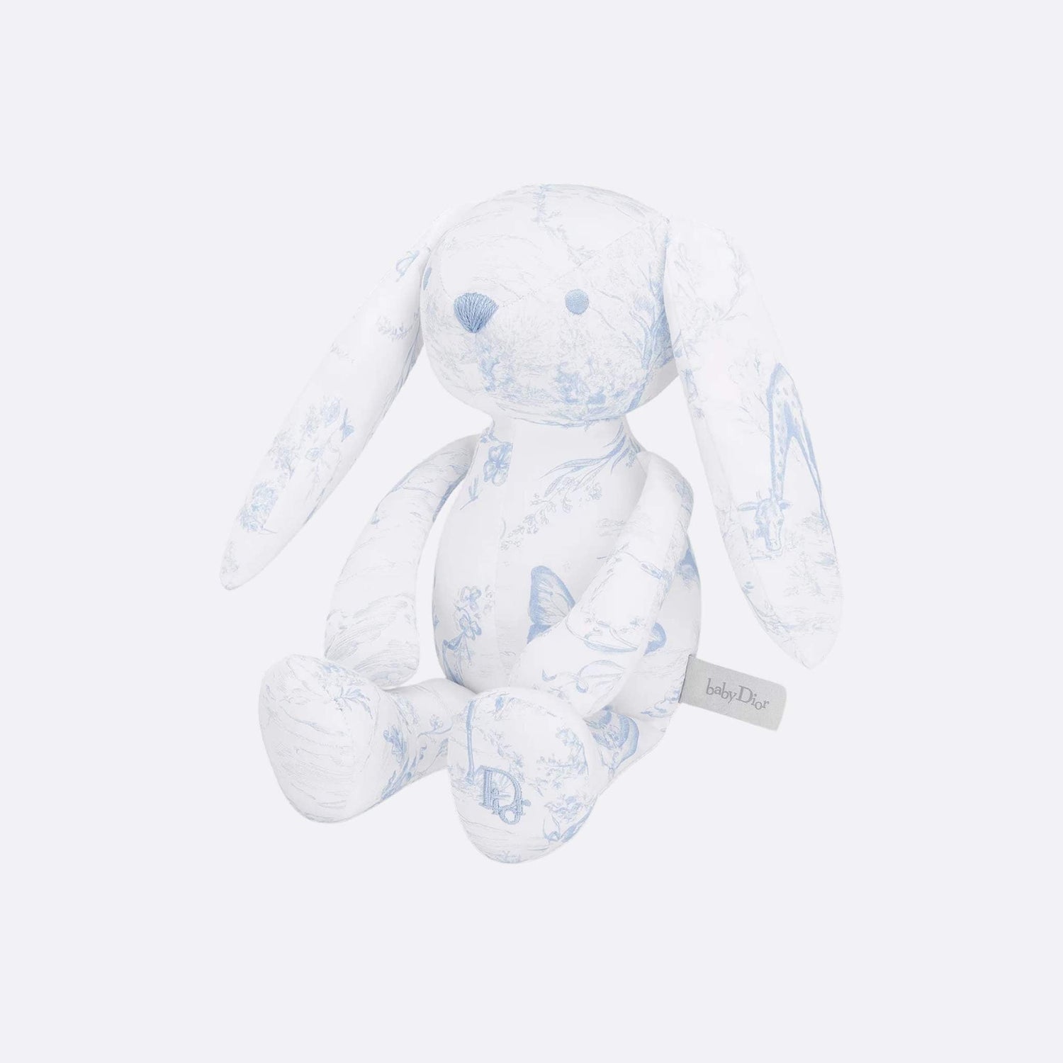 Rabbit Stuffed Toy White Cotton Satin with Toile de Jouy Print