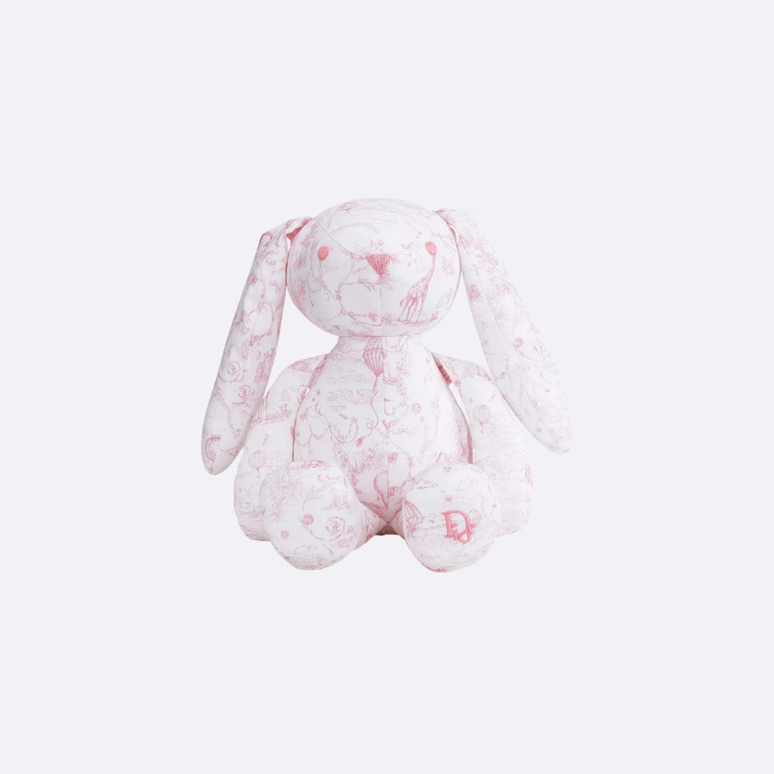 Rabbit Stuffed Toy White Cotton Satin with Toile de Jouy Print