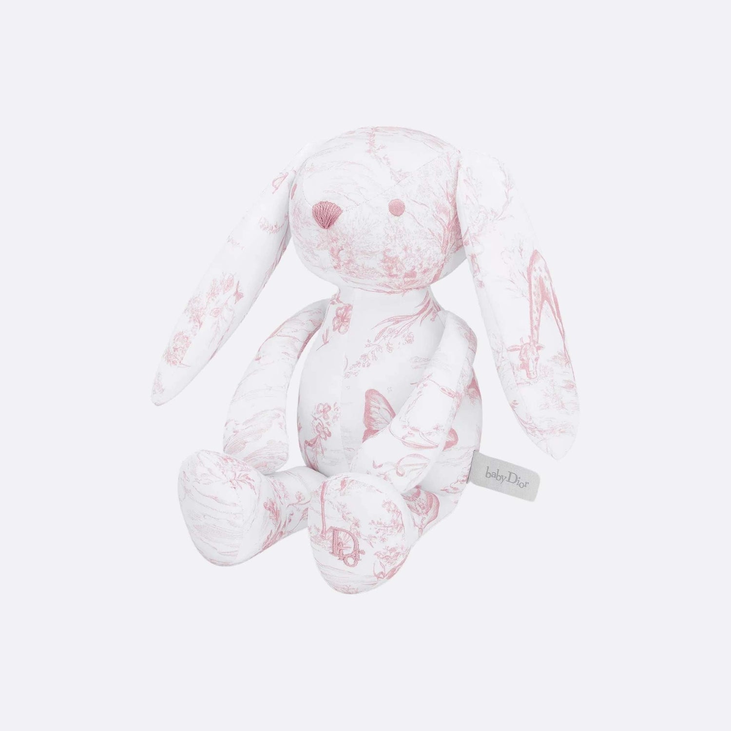 Rabbit Stuffed Toy White Cotton Satin with Toile de Jouy Print