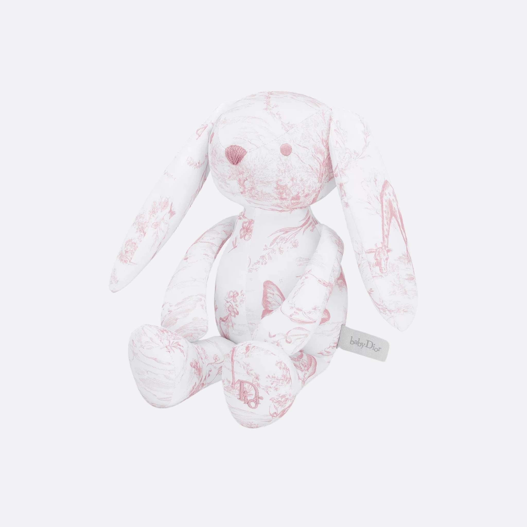 Rabbit Stuffed Toy White Cotton Satin with Toile de Jouy Print