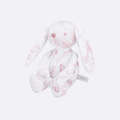 Rabbit Stuffed Toy White Cotton Satin with Toile de Jouy Print