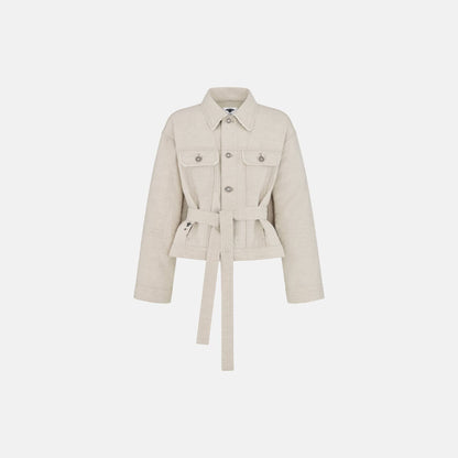 Short Belted Jacket In Cotton And Linen Denim