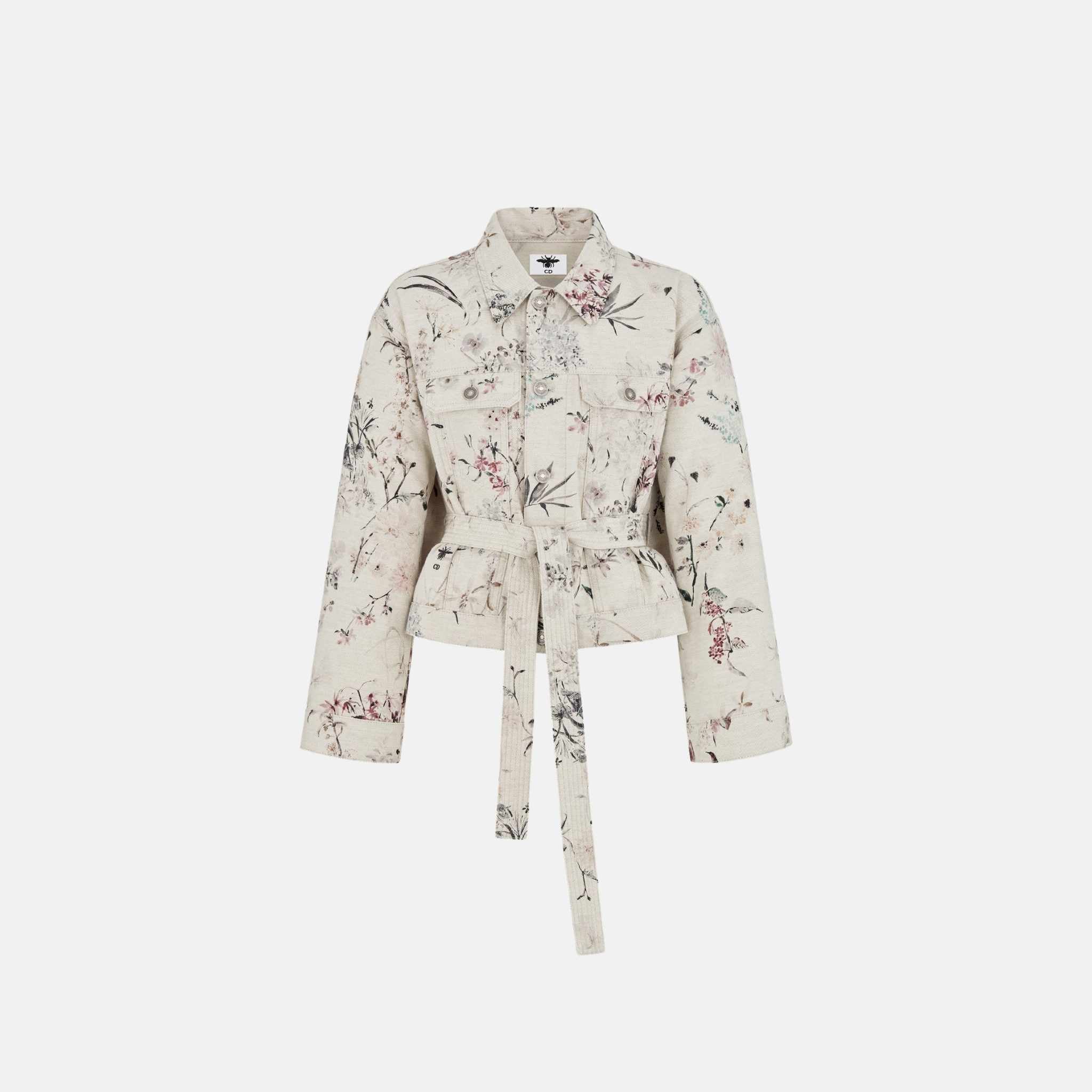 Short Belted Jacket In Cotton Denim With Millefiori Motif