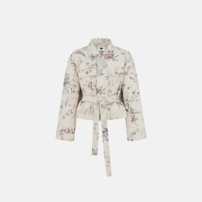 Short Belted Jacket In Cotton Denim With Millefiori Motif