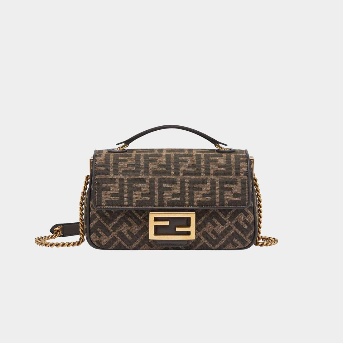 Baguette Chain Midi Brown FF Jacquard Fabric Bag
