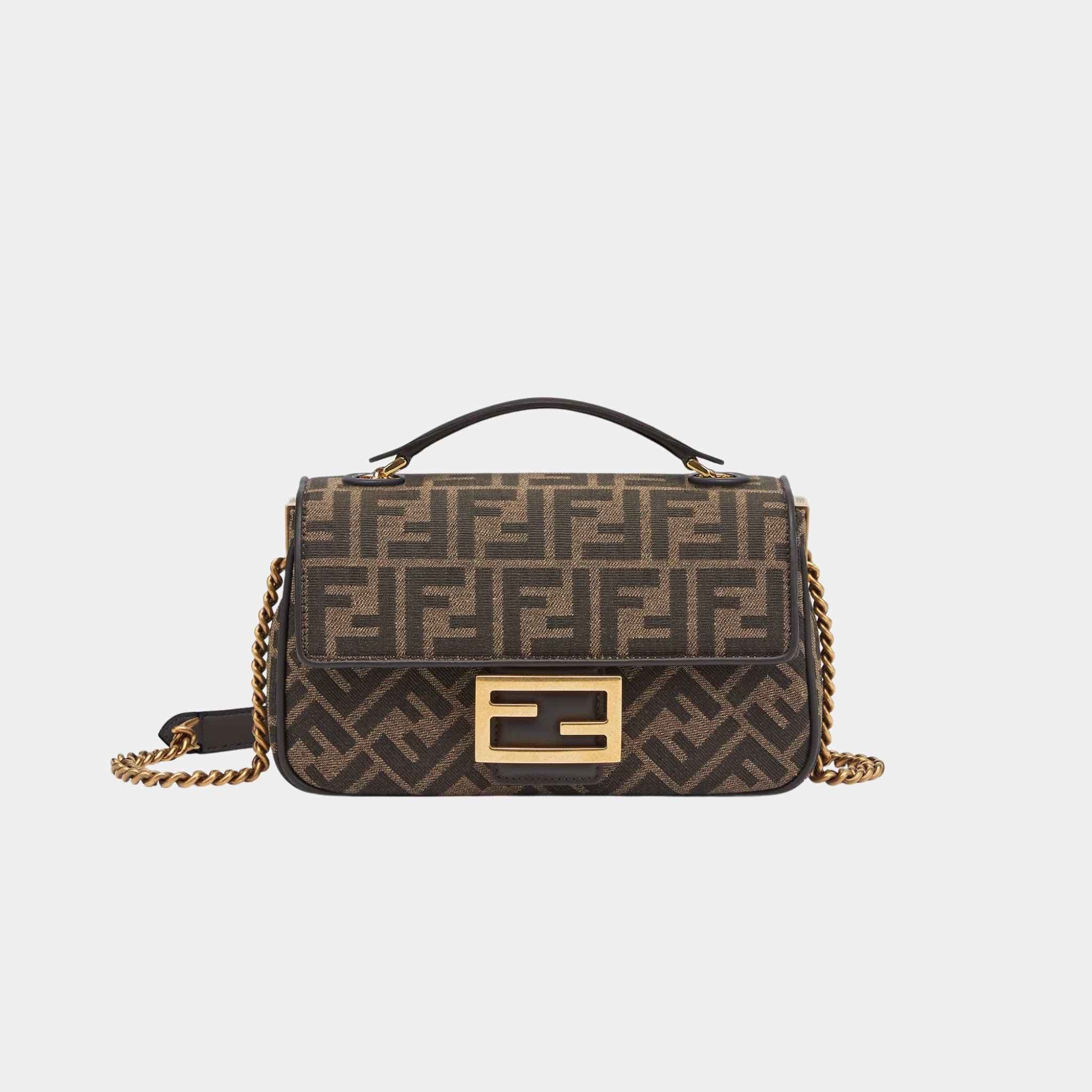Baguette Chain Midi Brown FF Jacquard Fabric Bag