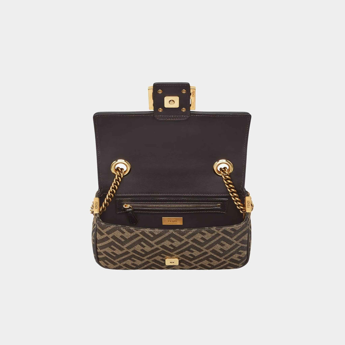Baguette Chain Midi Brown FF Jacquard Fabric Bag