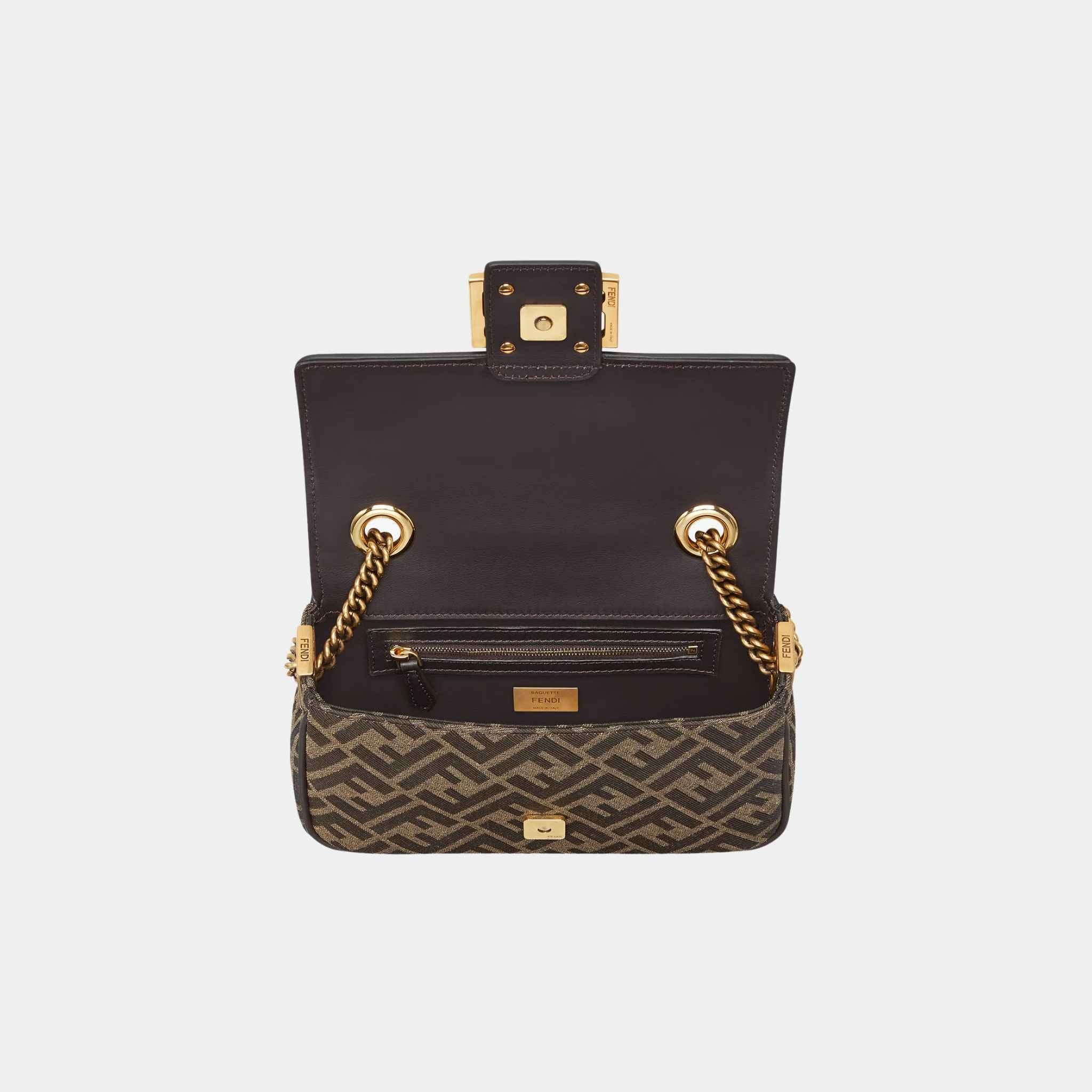 Baguette Chain Midi Brown FF Jacquard Fabric Bag