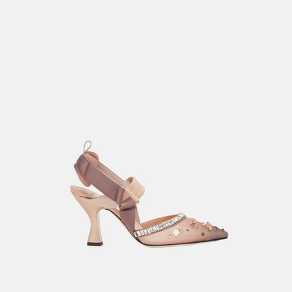 Colibri High Heeled Slingbacks In Pink Mesh &amp; Crystals