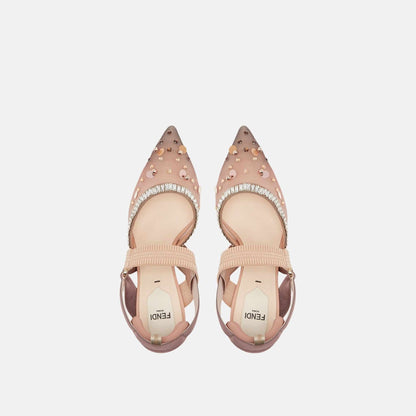 Colibri High Heeled Slingbacks In Pink Mesh &amp; Crystals