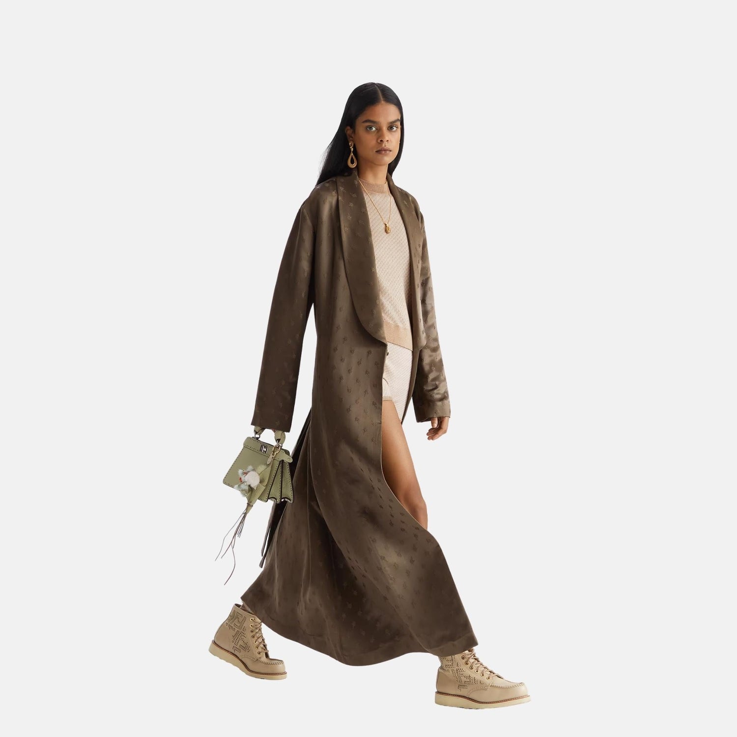 Dark Green Jacquard Silk Overcoat