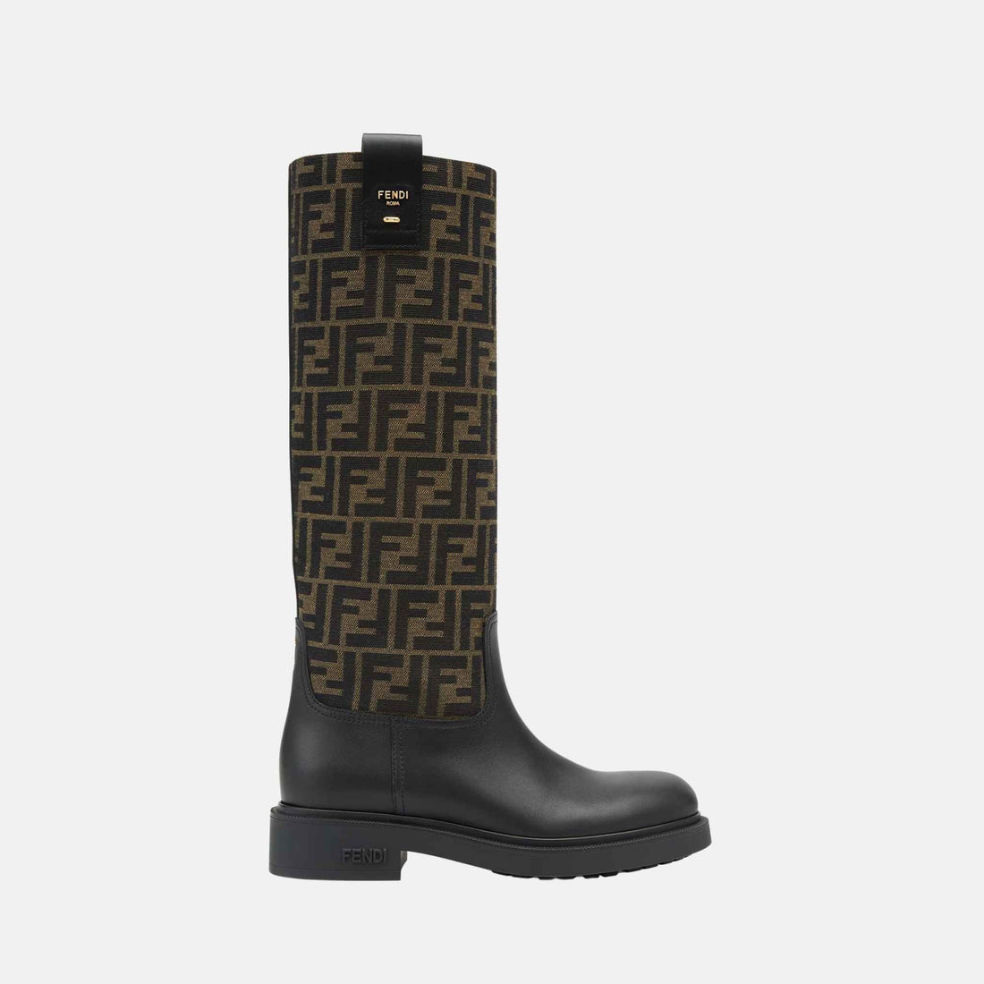 Fendi Filo Boots In Black Leather And Brown FF Fabric