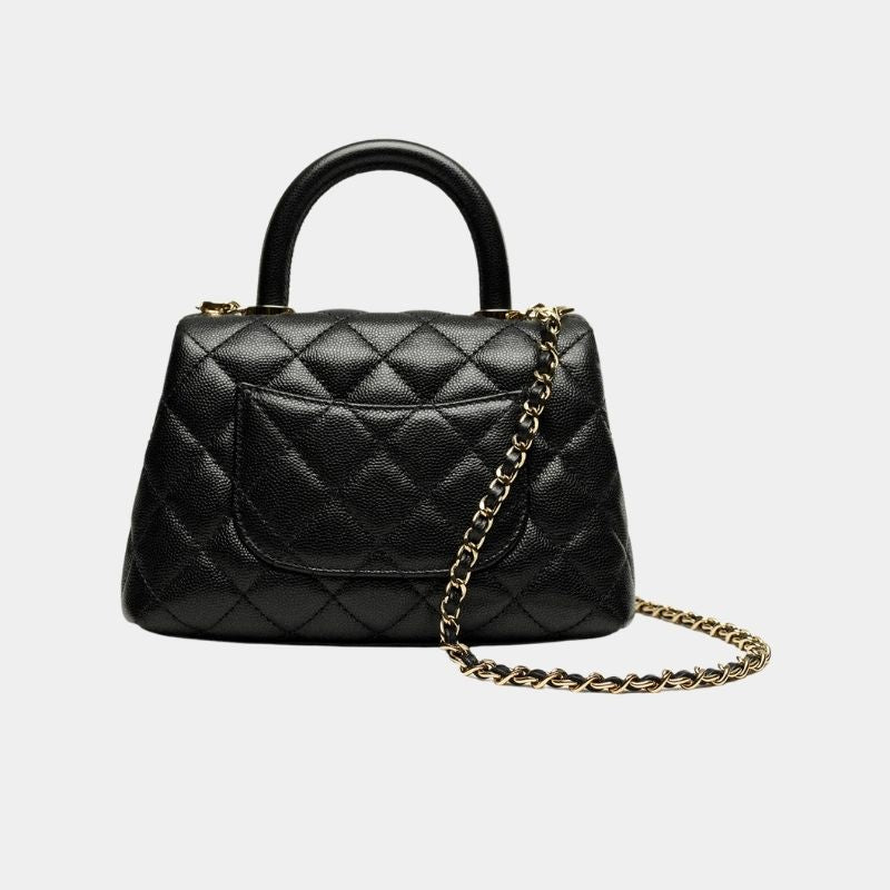 Flap Bag With Top Handle Grained Calfskin And Gold Tone Metal Black
