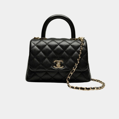 Flap Bag With Top Handle Grained Calfskin And Gold Tone Metal Black