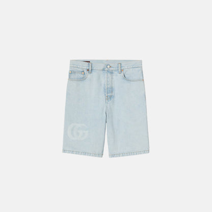 Lasered Denim Shorts With Double G Logo