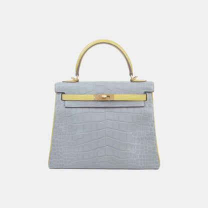 Kelly 25 Matte Alligator Gris Perle/Jaune Citron GHW