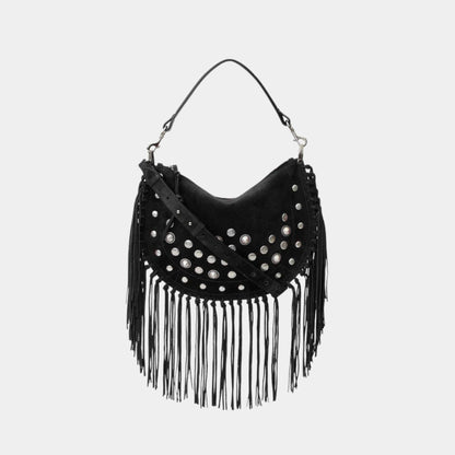 Oskan Soft Zipped Studded and Fringed Leather Bag