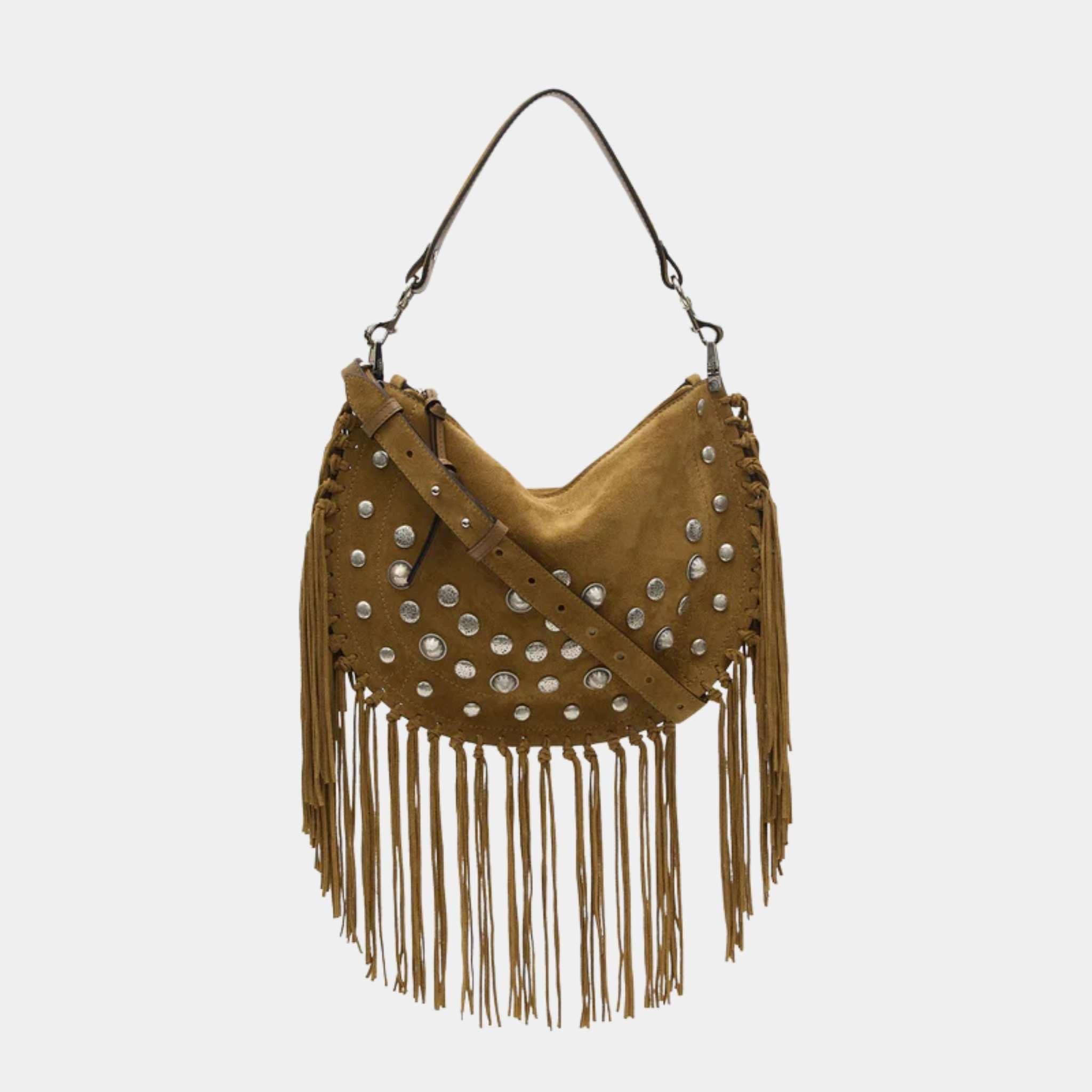 Oskan Soft Zipped Studded and Fringed Leather Bag