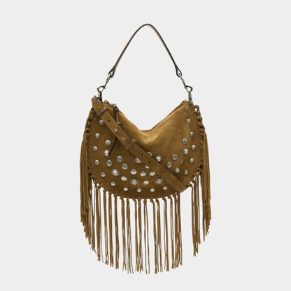 Oskan Soft Zipped Studded and Fringed Leather Bag