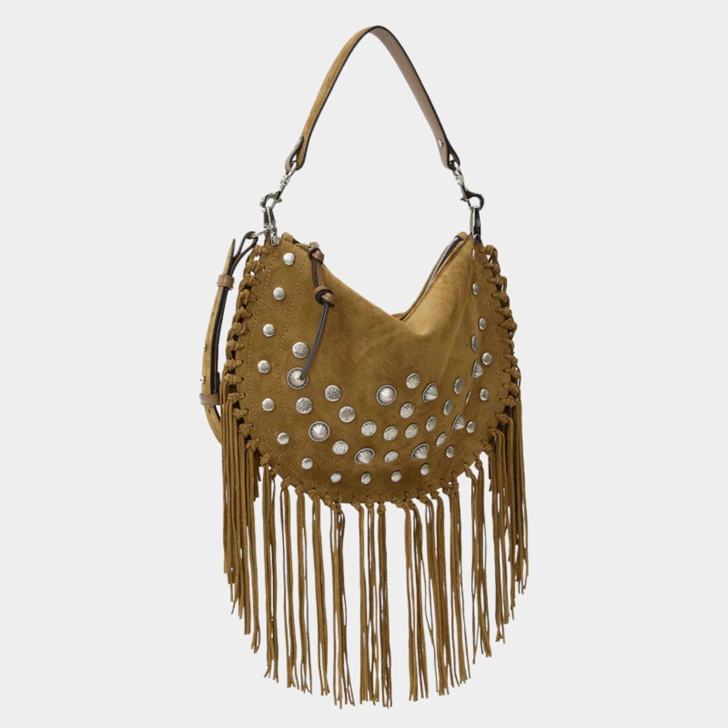 Oskan Soft Zipped Studded and Fringed Leather Bag