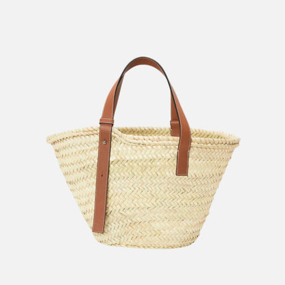 Basket in Palm Leaf and Calfskin Natural Tan