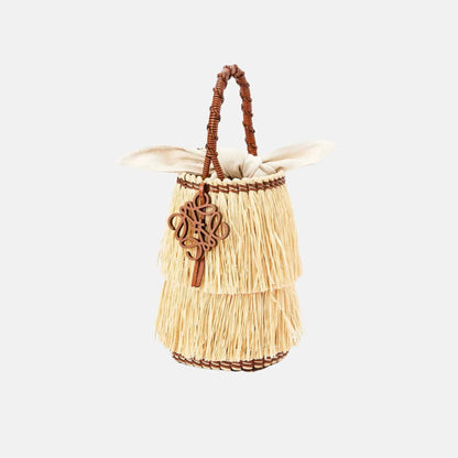 Frayed Bucket Bag in Raffia and Calfskin