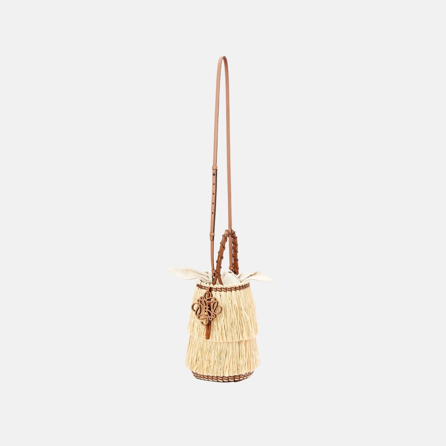 Frayed Bucket Bag in Raffia and Calfskin