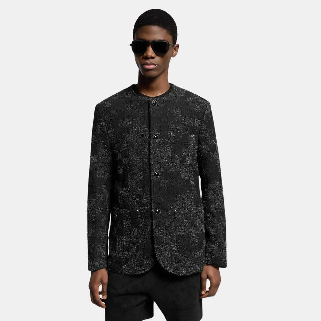 Denim Bouclette Collarless Jacket Black