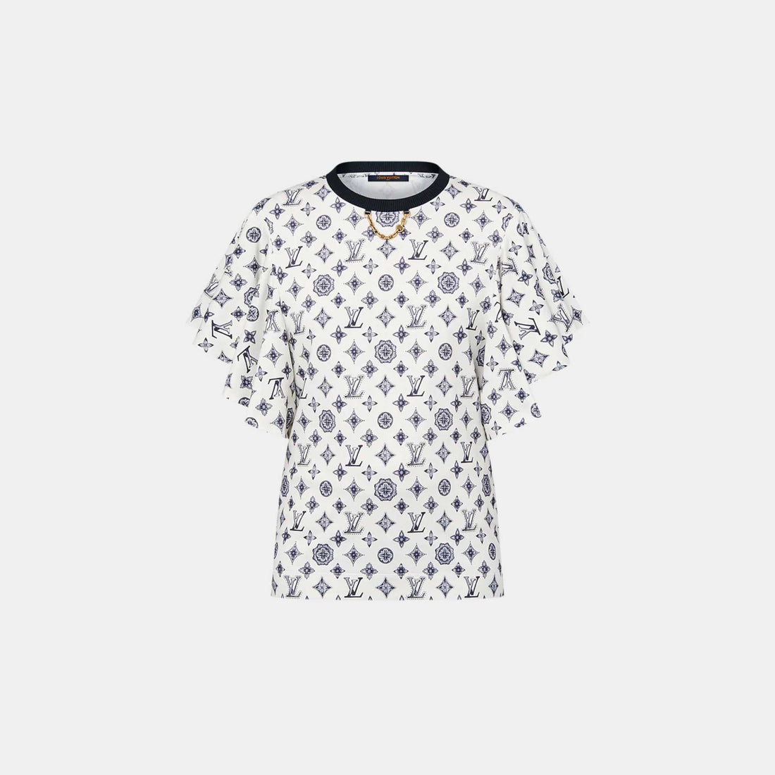 Monogram Flounce Sleeve Beige T-Shirt