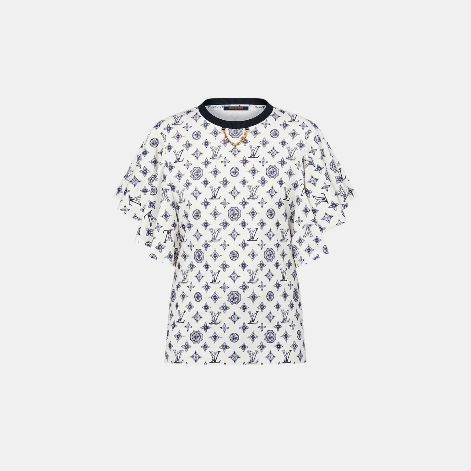 Monogram Flounce Sleeve Beige T-Shirt