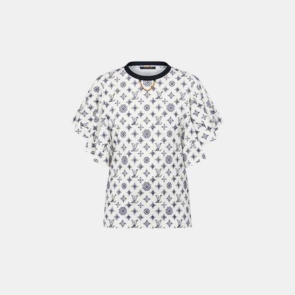 Monogram Flounce Sleeve Beige T-Shirt