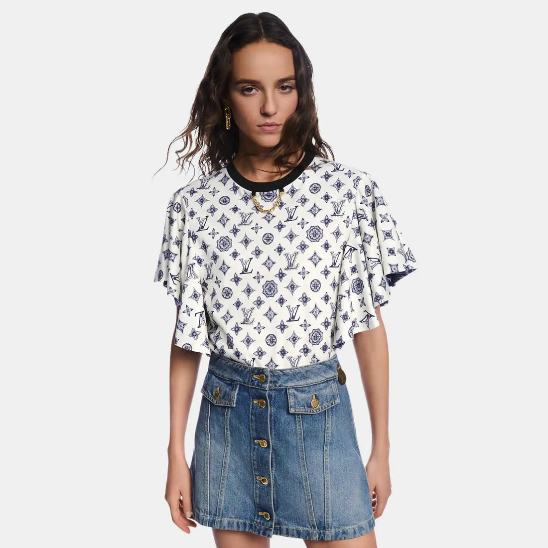 Monogram Flounce Sleeve Beige T-Shirt