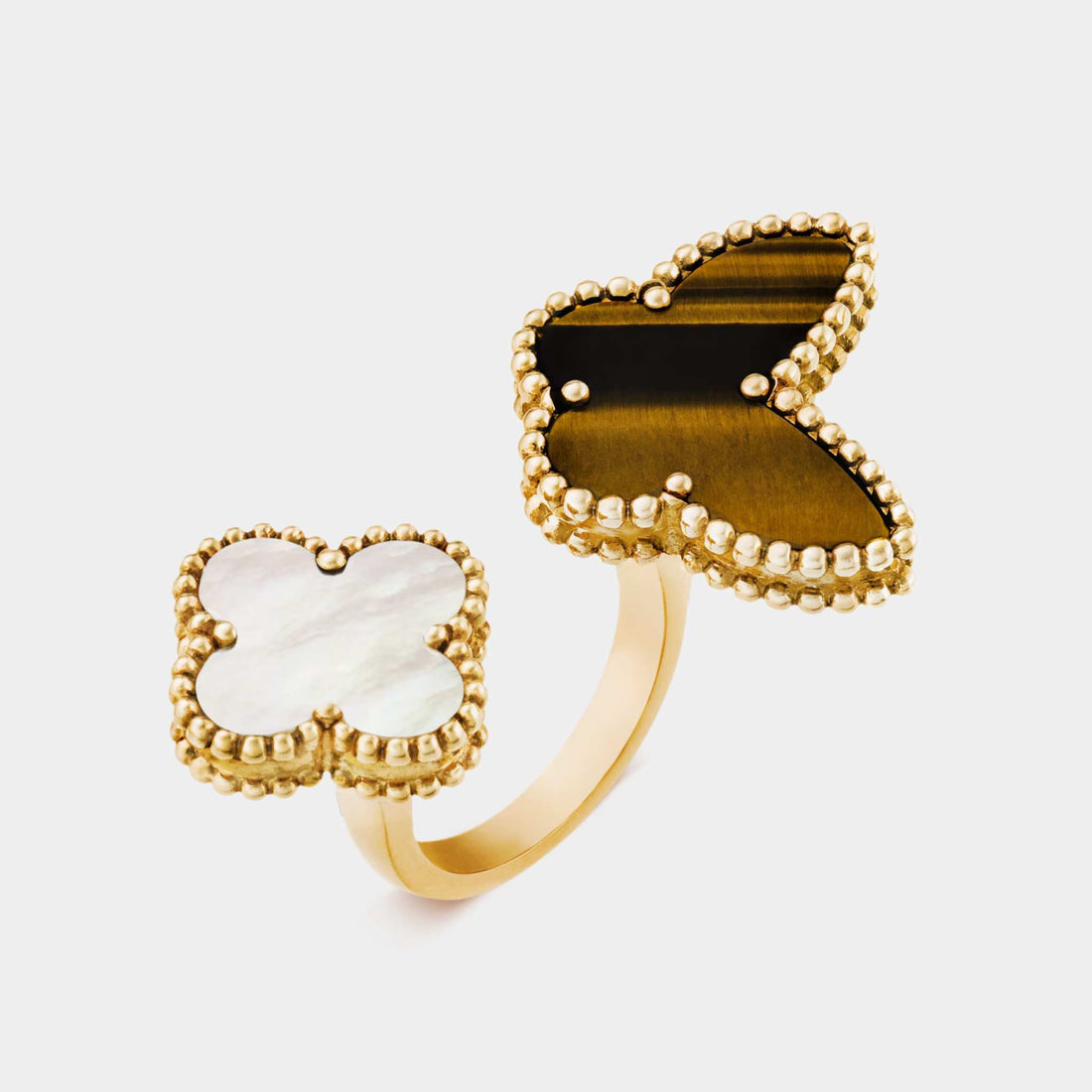 Lucky Alhambra Between The Finger Ring Yellow Gold Pearl Tiger Eye